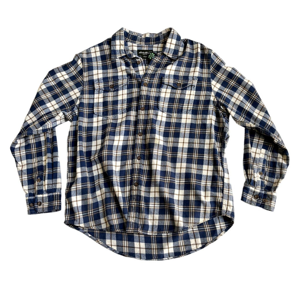 Eddie Bauer Flannel Shirt Blue and White Plaid